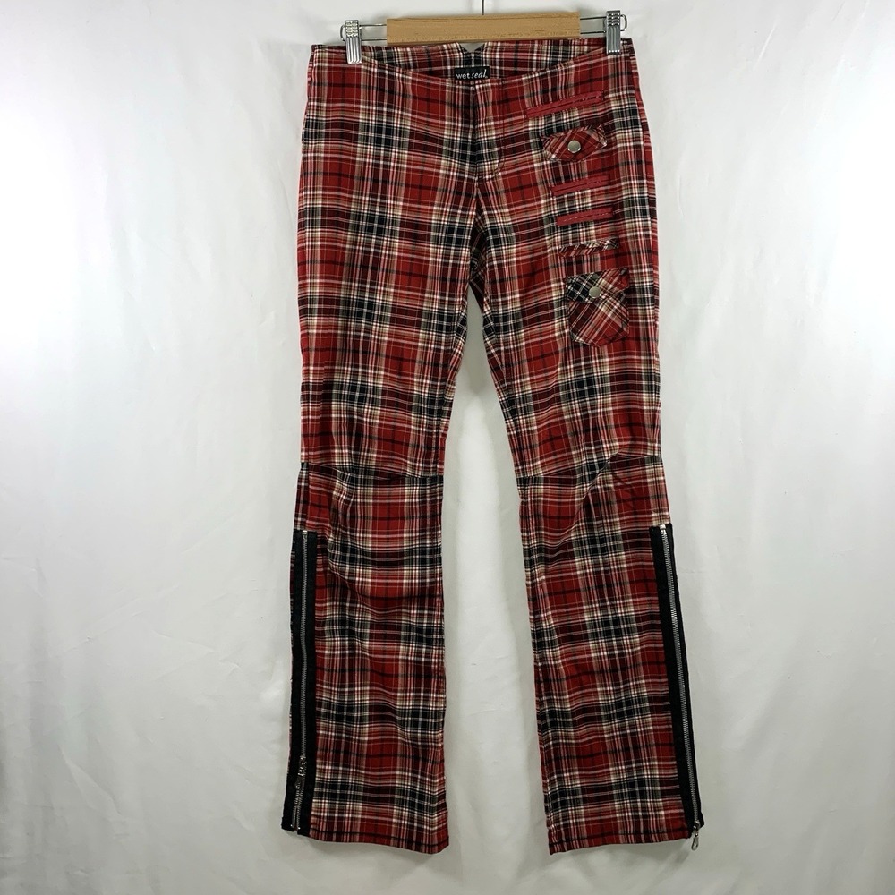 VTG Y2K Wet Seal Goth Punk Low Rise Plaid Pants Size 5 Red Grunge Alternative